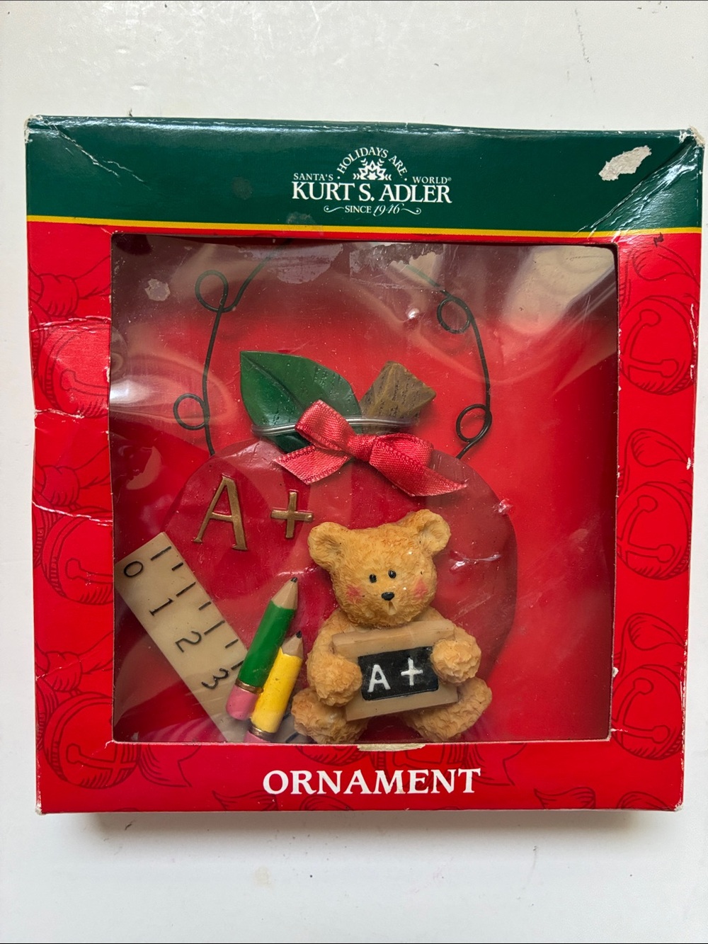 Kurt S Adler Teacher Gift Red Apple Teddy Bear A+ School Ornament